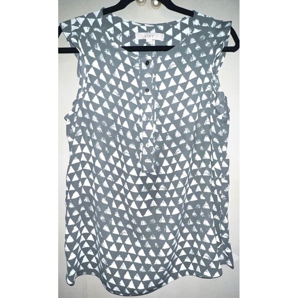 LOFT Women's Sleeveless Blouse Medium Olive Green Abstract Print Button-Up - Picture 1 of 2